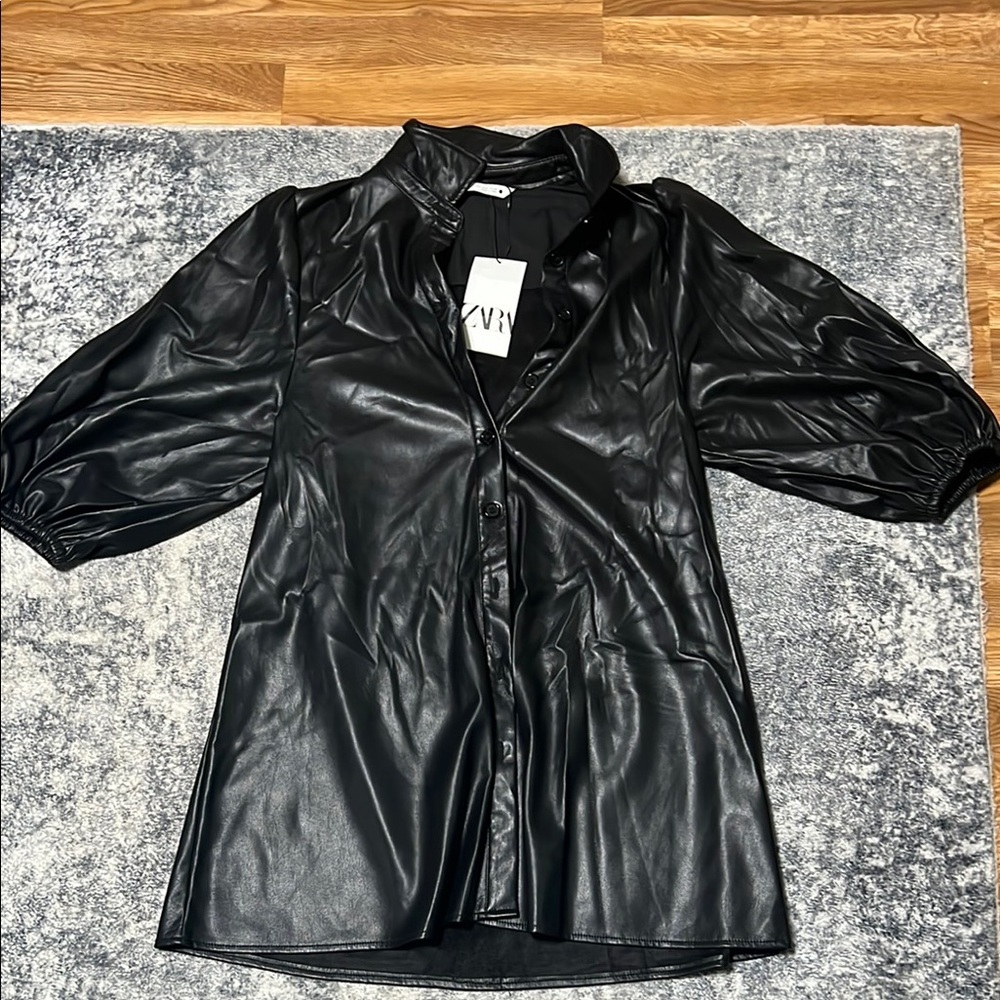 Zara Black Faux Leather Dress with Puff Sleeves